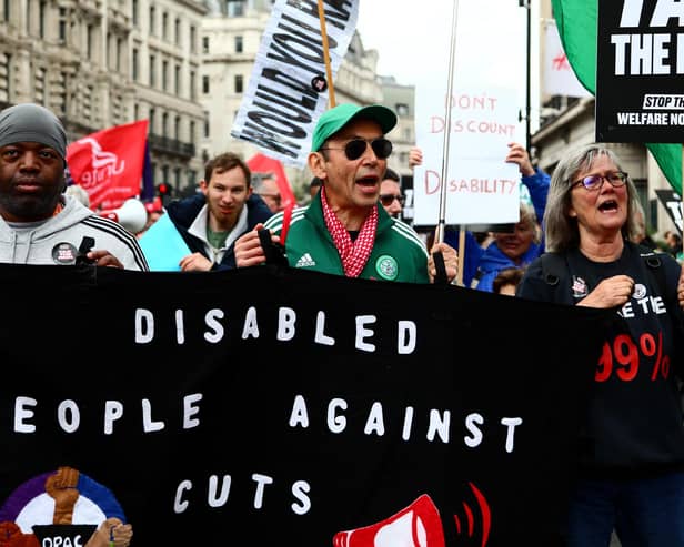 ​Activists against disability benefit cuts during a protest over the proposals earlier this month. Photo by Alishia Abodunde/Getty Images