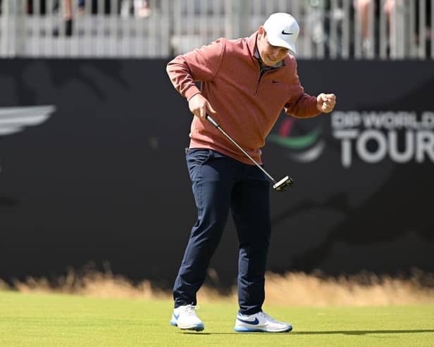Bob  MacIntyre celebrates after putting in for a birdie on the 18th green during the last round of the 2023 Genesis Scottish Open at The Renaissance Club. Picture: Octavio Passos/Getty Images.