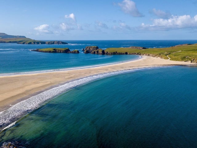 You could be forgiven for thinking this beach is somewhere in the tropics rather than Scotland's most northerly outpost. The beach is a large natural sand causeway that links the South Mainland with St Ninian's Isle, on the west coast of Shetland