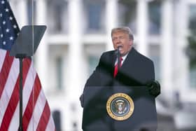 President Donald Trump speaks during a rally protesting the electoral college certification of Joe Biden as President in Washington on Jan. 6, 2021. Trump continues to stoke the baseless claim that the 2020 election was stolen, and even now advocates for the results in certain battleground states to be decertified even though the falsehood has been rejected by dozens of courts and his own attorney general. (AP Photo/Evan Vucci, File)