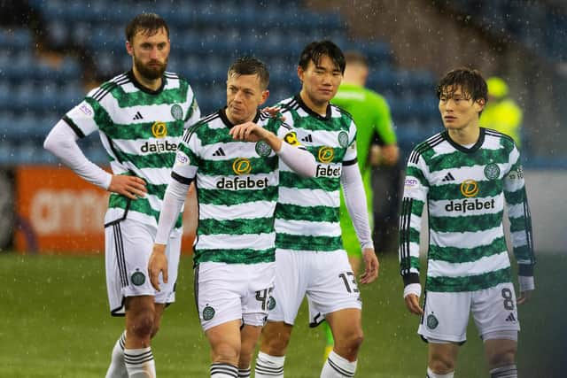 Celtic's Nat Phillips, Callum McGregor, Yang Hyun-Jun and Kyogo Furuhashi look glum after the loss at Kilmarnock.