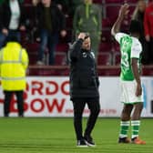 Hibs manager Lee Johnson cuts a dejected figure after the 3-0 defeat to Hearts at Tynecastle. (Photo by Mark Scates / SNS Group)