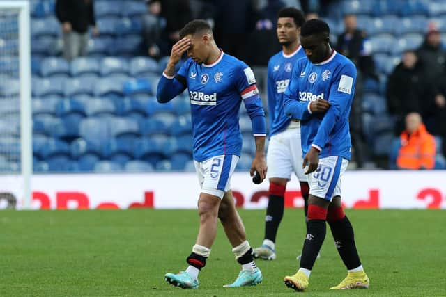 Rangers' James Tavernier (left) and Fashion Sakala appear dejected after the cinch Premiership draw with Livingston at Ibrox.