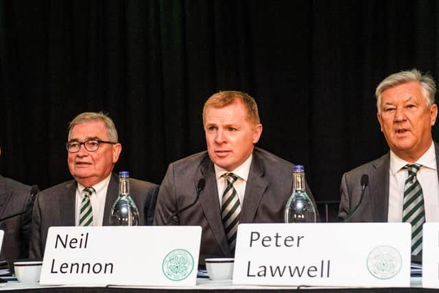 Celtic chief executive Peter Lawwell (right) , with manager Neil Lennon and director Brian Wilson during last year's Celtic AGM. (Photo by Gary Hutchison / SNS Group)