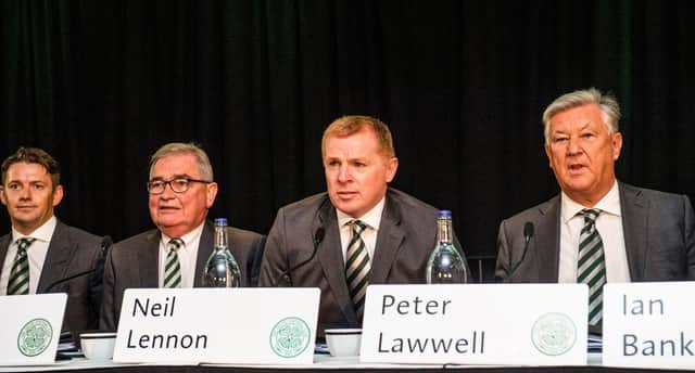 Celtic chief executive Peter Lawwell (right) , with manager Neil Lennon and director Brian Wilson during last year's Celtic AGM. (Photo by Gary Hutchison / SNS Group)