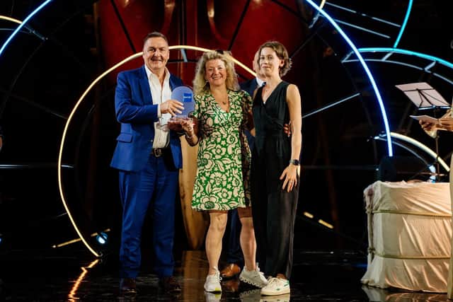 Grand Prix award accepted by (L-R) Chair of MG ALBA, John Morrison, Black Camel Pictures’ Arabella Page Croft, and actor Sorcha Groundsell (who plays lead Kat Crighton in An t-Eilean)