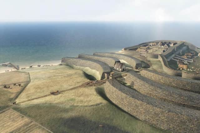 The huge rampart walls - known to be eight metres thick - can now be seen in situ following the reconstruction. PIC: University of Aberdeen.