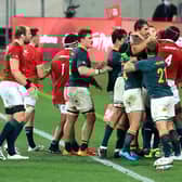 Cheslin Kolbe's high challenge on Lions scrum-half Conor Murray, right, provoked this flare-up, one of many incidents which scarred the second Test. Picture: David Rogers/Getty Images
