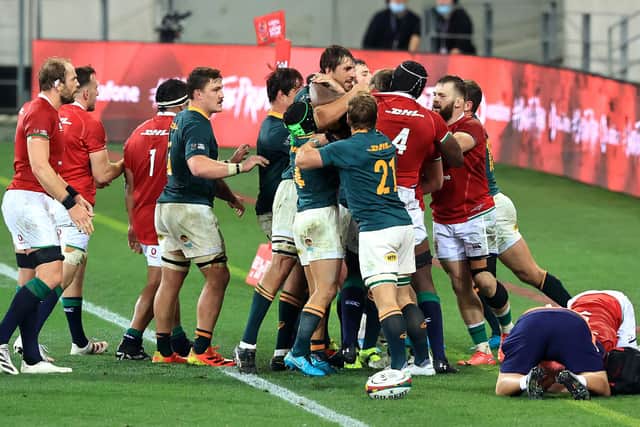Cheslin Kolbe's high challenge on Lions scrum-half Conor Murray, right, provoked this flare-up, one of many incidents which scarred the second Test. Picture: David Rogers/Getty Images