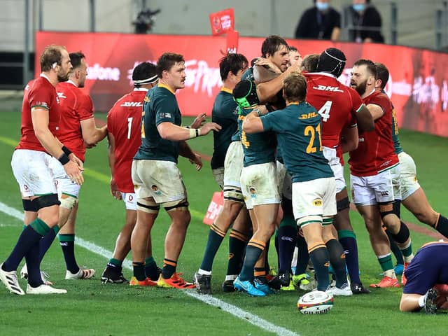 Cheslin Kolbe's high challenge on Lions scrum-half Conor Murray, right, provoked this flare-up, one of many incidents which scarred the second Test. Picture: David Rogers/Getty Images