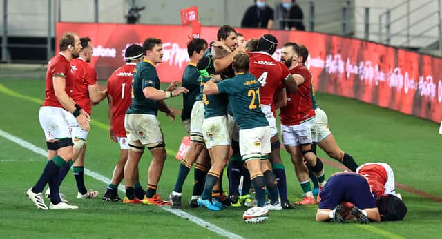 Cheslin Kolbe's high challenge on Lions scrum-half Conor Murray, right, provoked this flare-up, one of many incidents which scarred the second Test. Picture: David Rogers/Getty Images