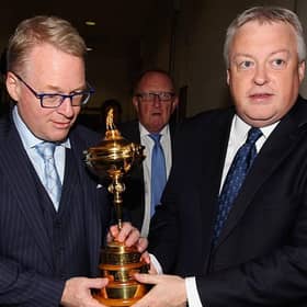 DP World Tour CEO Keith Pelley and Scott Crockett, the circuit's communications diretor, hold the Ryder Cup before a press conference in Rome. Picture: Paolo Bruno/Getty Images.