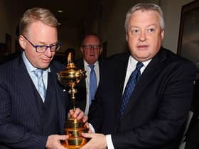 DP World Tour CEO Keith Pelley and Scott Crockett, the circuit's communications diretor, hold the Ryder Cup before a press conference in Rome. Picture: Paolo Bruno/Getty Images.