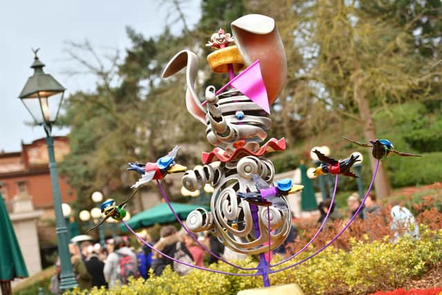 The Dumbo kinetic installation as part of the 30th anniversary Gardens of Wonder in front of Sleeping Beauty Castle at Disneyland Paris. Pic: PA Photo/Disney/Valentin Desjardins.
