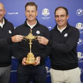European Ryder Cup captain Henrik Stenson is flanked by his two vice-captains Thomas Bjorn, left, and the newly-appointed Edoardo Molinari. Picture: Getty Images
