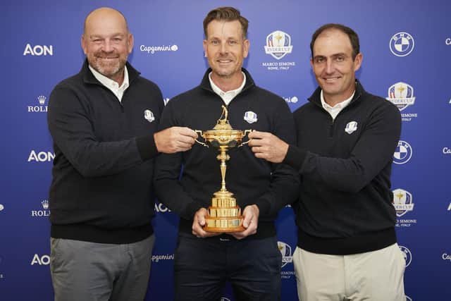 European Ryder Cup captain Henrik Stenson is flanked by his two vice-captains Thomas Bjorn, left, and the newly-appointed Edoardo Molinari. Picture: Getty Images