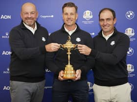 European Ryder Cup captain Henrik Stenson is flanked by his two vice-captains Thomas Bjorn, left, and the newly-appointed Edoardo Molinari. Picture: Getty Images