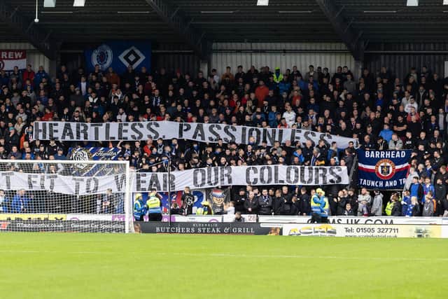 Rangers fans display a banner during the cinch Premiership match against St Mirren at the SMiSA Stadium. (Photo by Craig Foy / SNS Group)
