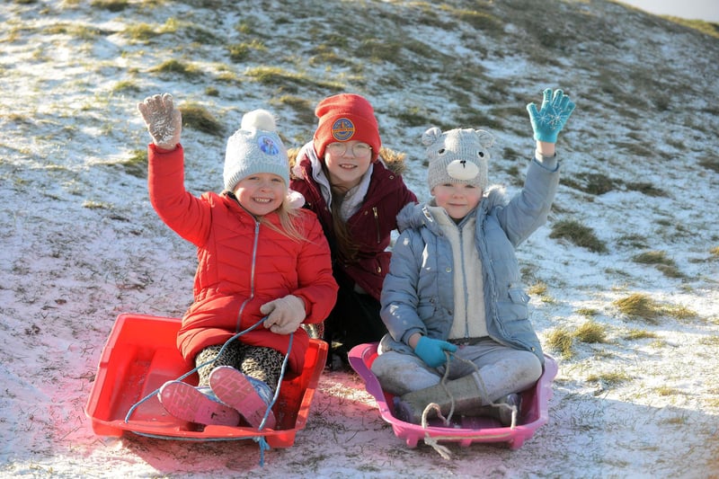 Sledging on Cleadon Hills. From left Erin Kelly, six, Grace Lamb, nine and Kaitlyn Lamb, six.