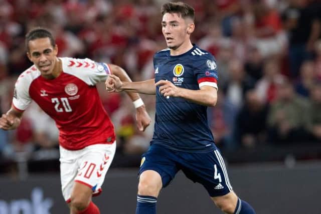 Billy Gilmour in action for Scotland during the FIFA World Cup Qualifier.  (Photo by Alan Harvey / SNS Group)