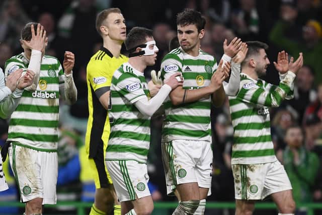 Celtic players take the acclaim following their 3-0 win at home to Rangers in February which is the sort of comprehensive victory their manager says they will be pitching for again in this weekend's derby. (Photo by Rob Casey / SNS Group)