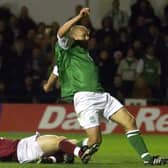 Mixu Paatelainen completes his hat-trick as Hibs go on to defeat city rivals Hearts 6-2. Photo by SNS Group