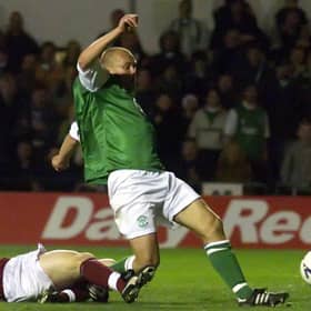 Mixu Paatelainen completes his hat-trick as Hibs go on to defeat city rivals Hearts 6-2. Photo by SNS Group