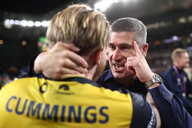 Nick Montgomery celebrates with Jason Cummings after guiding Central Coast Mariners to victory in the A-League Grand Final in June. (Photo by Cameron Spencer/Getty Images)