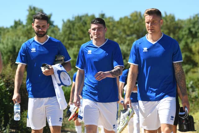 Hastie, centre, with fellow Hartlepool Scots Reghan Tumilty (left) and Euan Murray ahead of Hartlepool's pre-season friendly with Hibs in Portugal