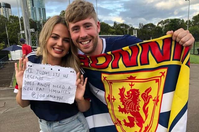 The Scottish couple Steven Glennie and Jodie Maggs as they support Andy Murray at his Sydney International quarter-final match (Photo: Judy Murray).