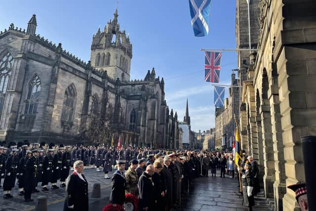 Lord Provost Robert Aldridge and First Minister Nicola Sturgeon led tributes to the fallen outside the City Chambers on Edinburgh's Royal Mile.