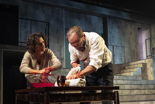 Ralph Fiennes and Indira Varma as Lord and Lady Macbeth in the current producuction of the ‘Scottish Play’ at the Royal Highland Centre on the outskirts of Edinburgh (Picture Matt Humphrey)