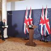 Prime Minister Boris Johnson arriving for a media briefing in Downing Street, London. The Government has spent more than £163,000 on Union flags in two years as part of its drive to boost pride in the national symbol. Figures reported by the Guardian showed spending had increased in virtually every Whitehall department since Boris Johnson became Prime Minister. Picture: Paul Grover/Daily Telegraph/PA Wire.