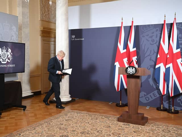 Prime Minister Boris Johnson arriving for a media briefing in Downing Street, London. The Government has spent more than £163,000 on Union flags in two years as part of its drive to boost pride in the national symbol. Figures reported by the Guardian showed spending had increased in virtually every Whitehall department since Boris Johnson became Prime Minister. Picture: Paul Grover/Daily Telegraph/PA Wire.