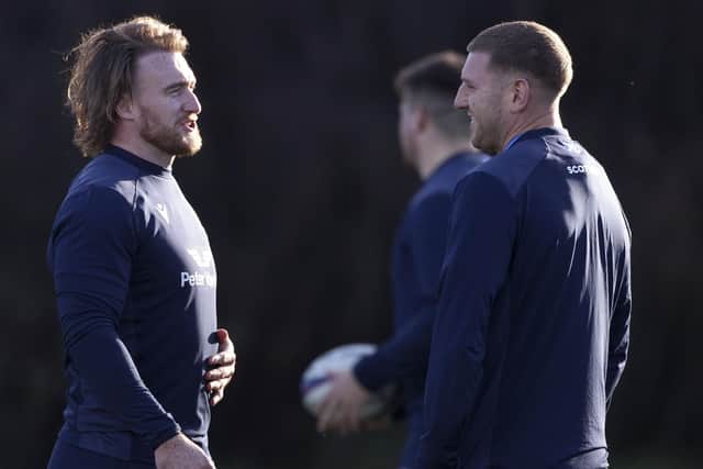Stuart Hogg and Finn Russell catch up at Scotland training. (Photo by Craig Williamson / SNS Group)