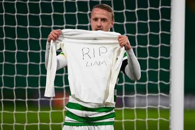Leigh Griffiths with a message for his late cousin after scoring against Hamilton Accies. Picture: SNS