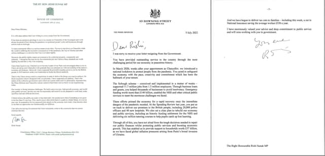 Handout photo issued by 10 Downing Street of the letter sent by Chancellor of the Exchequer Rishi Sunak  to Prime Minister Boris Johnson offering his resignation (left), and the Prime Minister's reply (centre and right). Photo: 10 Downing Street/PA Wire.