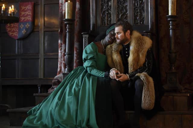Jodie Turner-Smith as Anne Boleyn, Mark Stanley as Henry VIII.  Picture  PA Photo/Fable/The Falen Falcon Ltd/ViacomCBS