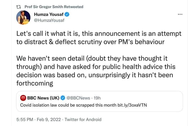 A screenshot of Health Secretary Humza Yousaf's tweet, which was retweeted by Professor Sir Gregor Smith