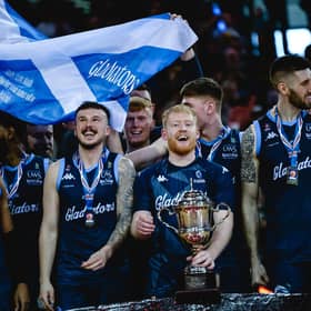 Caledonia Gladiators celebrate with the BBL Trophy after beating Cheshire Phoenix in the final.  Picture: British Basketball League