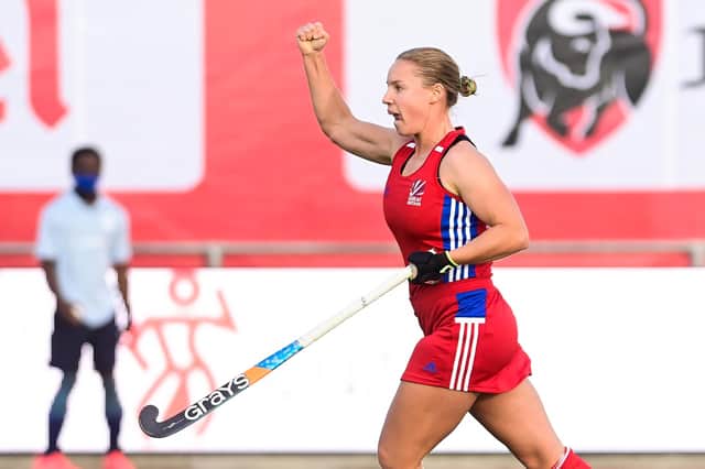 Sarah Robertson celebrates scoring for Great Britain against the Belgian Red Panthers in Brussels last year.