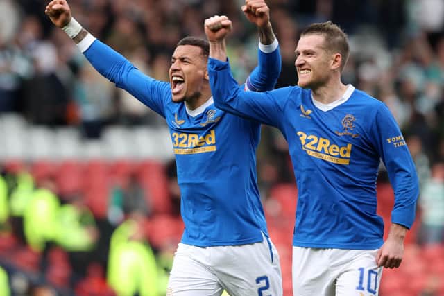 James Tavernier and Steven Davis celebrate during Rangers' Scottish Cup win over Celtic.