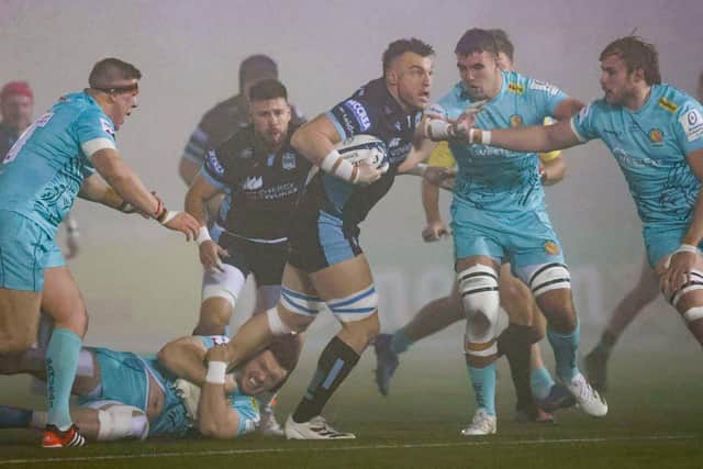 Jack Dempsey in the thick of it during Glasgow's impressive win over Exeter Chiefs. (Photo by Craig Williamson / SNS Group)