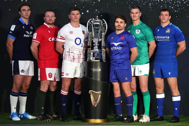 The captains pose with the trophy at the 2023 Guinness Six Nations launch in London. (Photo by David Rogers/Getty Images)