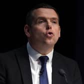 Scottish Conservative party leader Douglas Ross delivers a keynote speech on the first day of the Scottish Conservative party conference at the Scottish Event Campus (SEC) in Glasgow