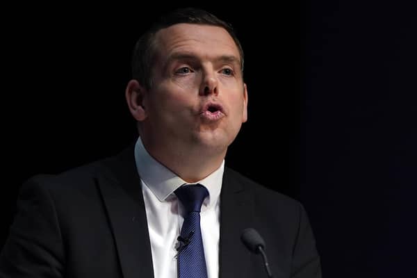 Scottish Conservative party leader Douglas Ross delivers a keynote speech on the first day of the Scottish Conservative party conference at the Scottish Event Campus (SEC) in Glasgow
