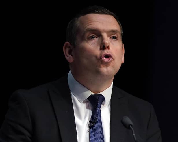 Scottish Conservative party leader Douglas Ross delivers a keynote speech on the first day of the Scottish Conservative party conference at the Scottish Event Campus (SEC) in Glasgow