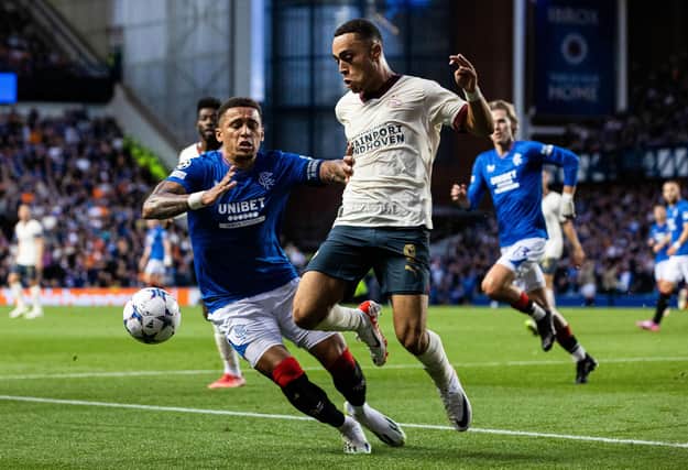 Rangers' James Tavernier and PSV's Sergiño Dest in action during  the Champions League play-off first leg that ended l2-2 at Ibrox. An outcome that puts the onus on the Dutch to progress and allows Michael Beale's men to play with a certain freedom in the Eindhoven decider. (Photo by Alan Harvey / SNS Group)