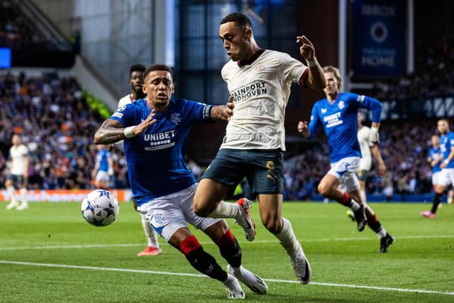 Rangers' James Tavernier and PSV's Sergiño Dest in action during the Champions League play-off first leg that ended l2-2 at Ibrox. An outcome that puts the onus on the Dutch to progress and allows Michael Beale's men to play with a certain freedom in the Eindhoven decider. (Photo by Alan Harvey / SNS Group)