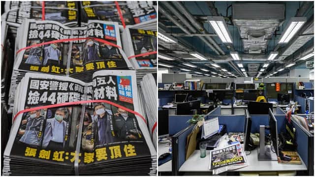 Copies of the Apple Daily newspaper are seen stacked in Hong Kong, after police arrested the chief editor and four executives of the pro-democracy newspaper (Getty Images)